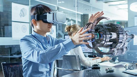 虚拟现实图像-人与虚拟现实护目镜工作